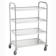 Rostfri plattformsvagn, 4 hyllplan, 845x525x950mm, 50kg/hyllplan med hjul och ljuddämpande dynor för effektiv transport.