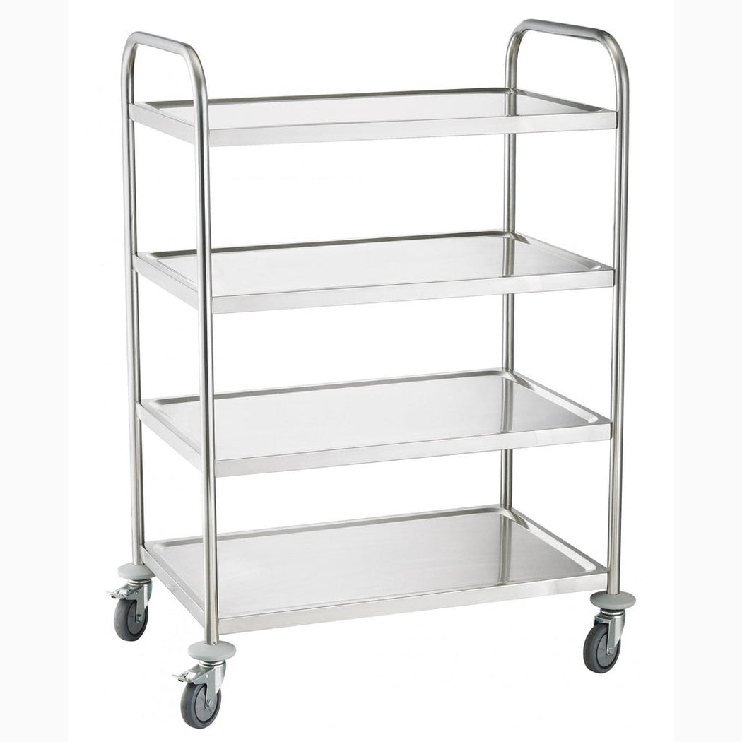 Rostfri plattformsvagn, 4 hyllplan, 845x525x950mm, 50kg/hyllplan med hjul och ljuddämpande dynor för effektiv transport.