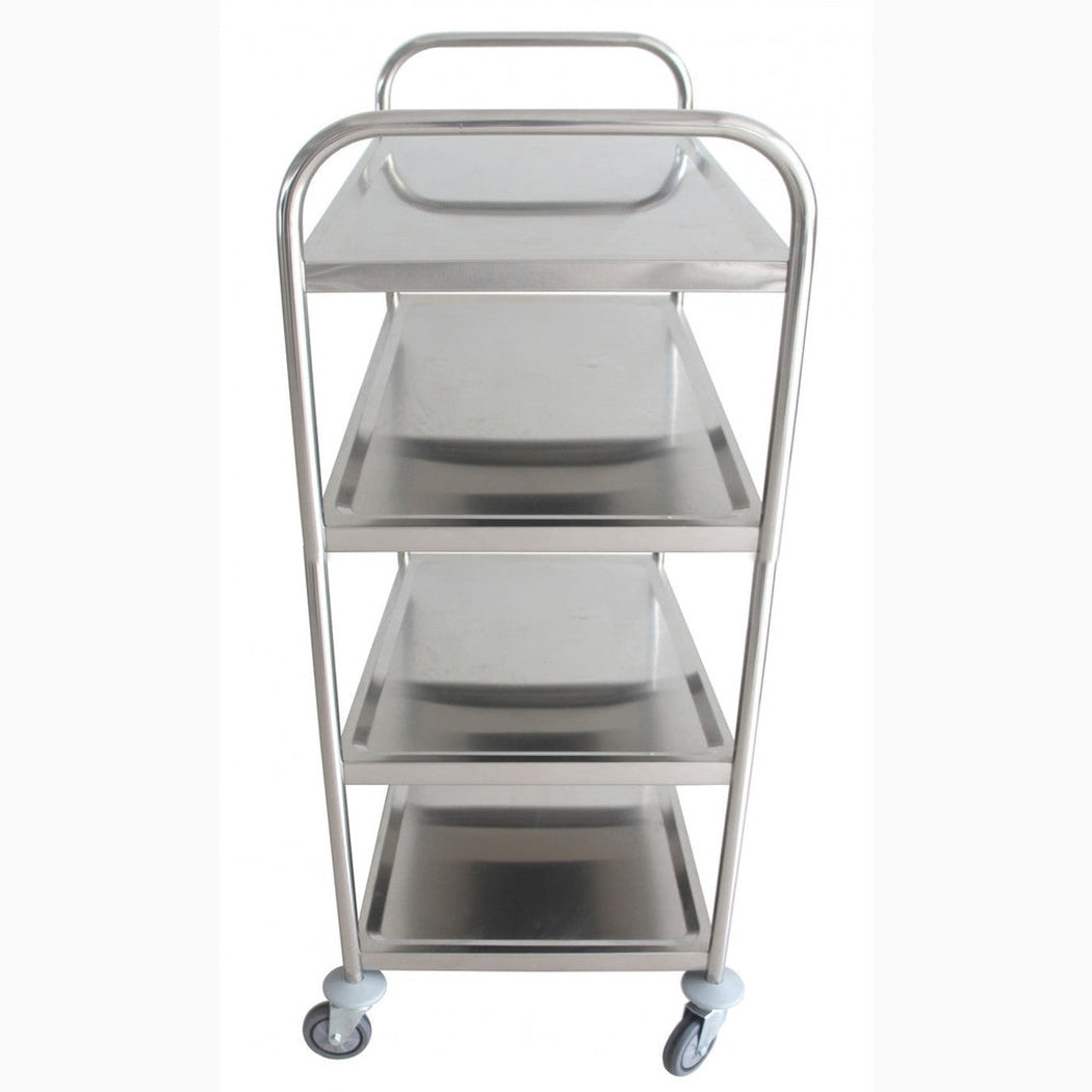 Rostfri plattformsvagn, 4 hyllplan, 845x525x950mm, 50kg/hyllplan i rostfritt stål med hjul och ljuddämpande dynor.