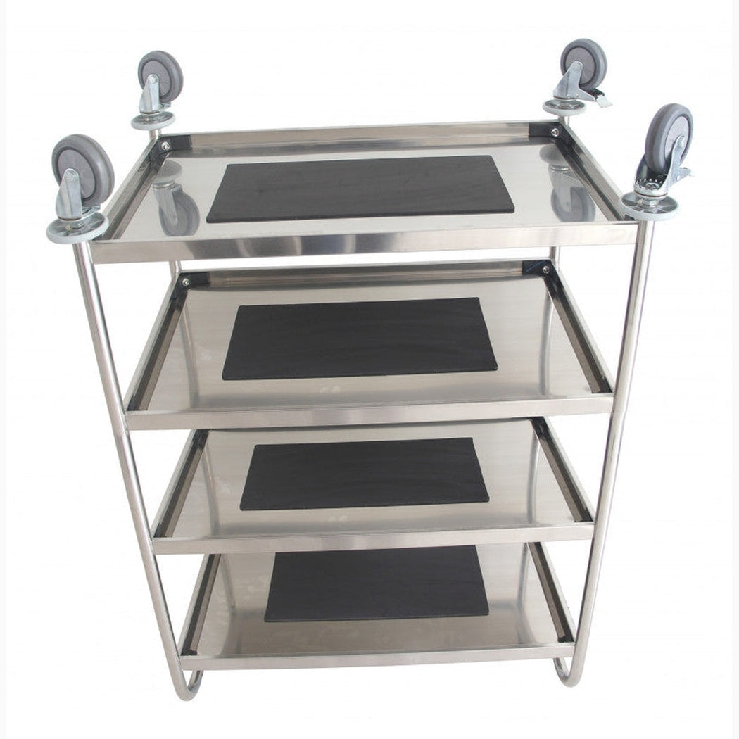 Rostfri plattformsvagn, 4 hyllplan, 845x525x950mm, 50kg/hyllplan med ljuddämpande dynor och hjul med påkörningsskydd.