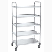 Rostfri plattformsvagn, 5 hyllplan, 845x525x1550mm, 50kg/hyllplan med hjul och hållbar design för industri och lager.
