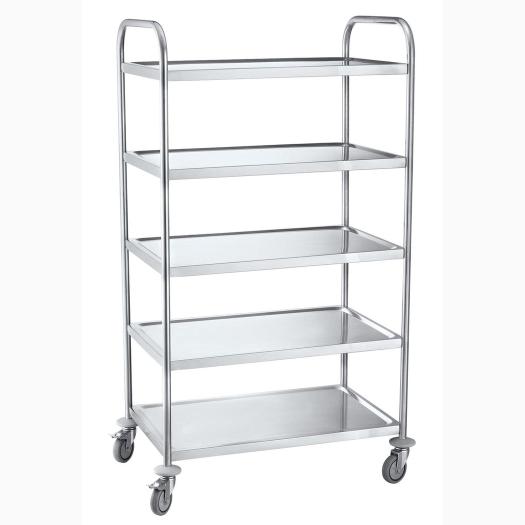 Rostfri plattformsvagn, 5 hyllplan, 845x525x1550mm, 50kg/hyllplan med hjul och hållbar design för industri och lager.