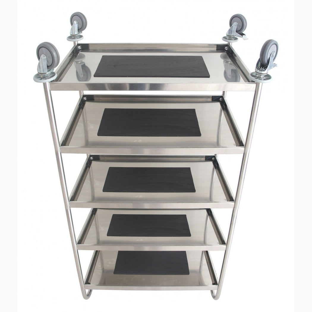 Rostfri plattformsvagn, 5 hyllplan, 845x525x1550mm, 50kg/hyllplan med ljuddämpande dynor och hjul med påkörningsskydd.