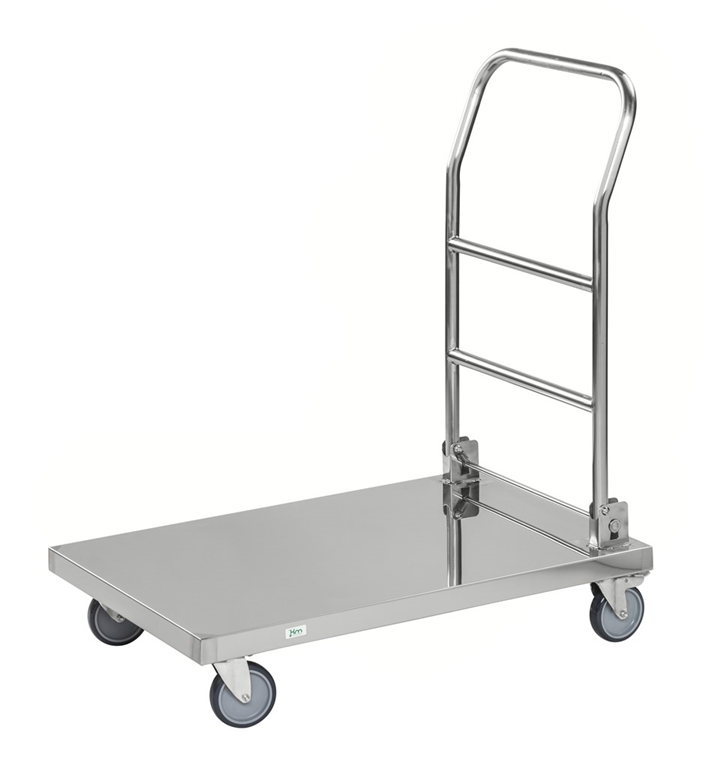 Rostfri plattformsvagn 830x530x940mm med fällbart handtag och 100kg kapacitet, robust och lätt att manövrera.