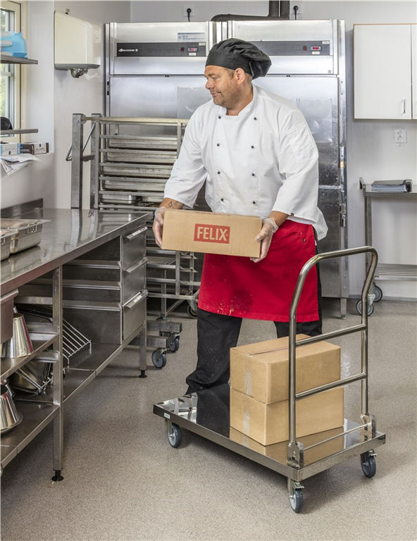 Rostfri plattformsvagn, 830x530x940mm, 100kg med fyra hjul för enkel transport i kök och lager.