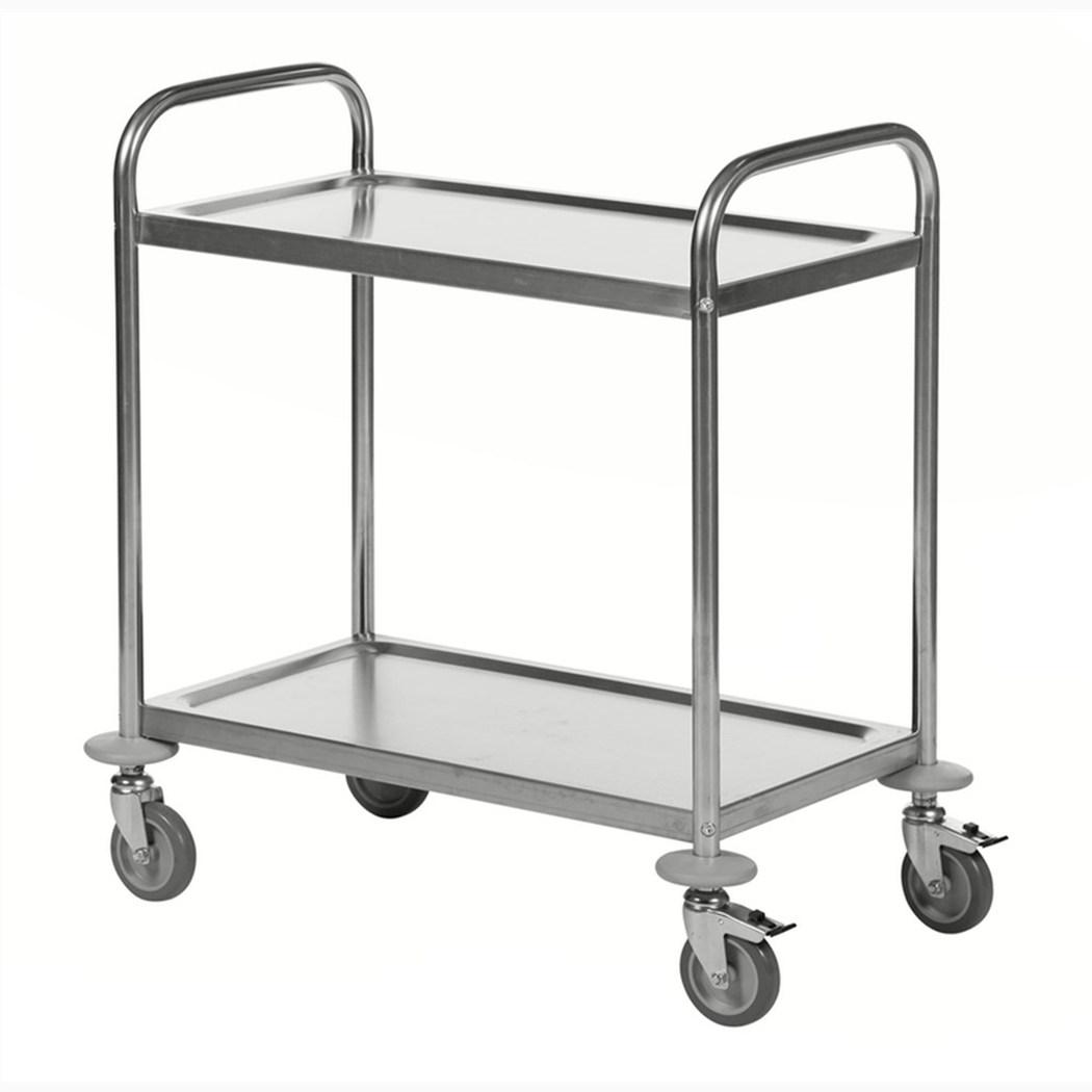 Rostfri vagn, 2 hyllor, 710x400x805mm, 100kg med robust konstruktion och 4 länkhjul, 2 med broms för enkel manövrering.