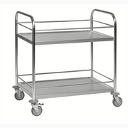 Rostfri vagn, 2 hyllor, 910x590x940mm med 4 länkhjul och 100kg belastning för effektiv transport och lagring.