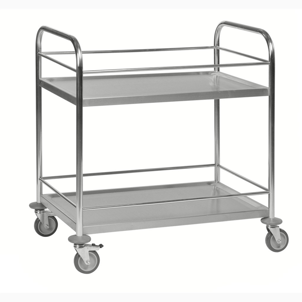 Rostfri vagn, 2 hyllor, 910x590x940mm med 4 länkhjul och 100kg belastning för effektiv transport och lagring.