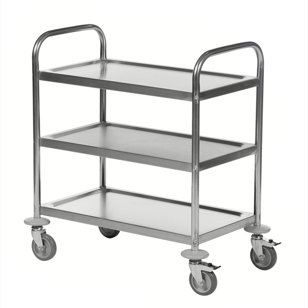Rostfri vagn, 3 hyllor, 910x590x940mm, 100kg med släta hyllplan och broms på hjul för enkel och säker förflyttning.