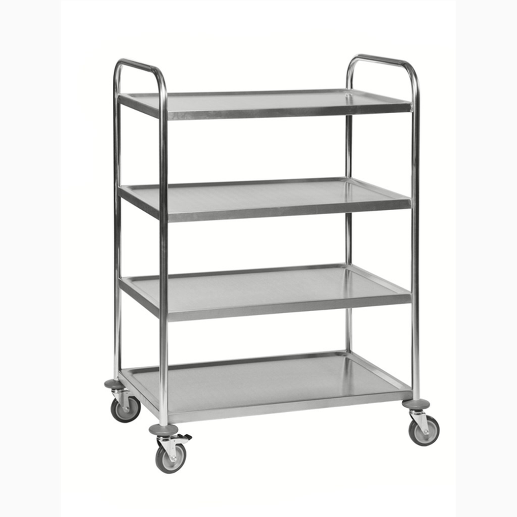 Rostfri vagn, 4 hyllor, 910x590x1260mm, 100kg med fyra hyllplan och länkhjul för flexibel och hållbar transport.