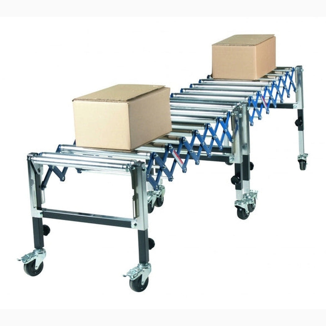 Rullbana med stålrullar, bromsade hjul i justerbar design för effektiv godslogistik och stabil transport i lager och produktion.