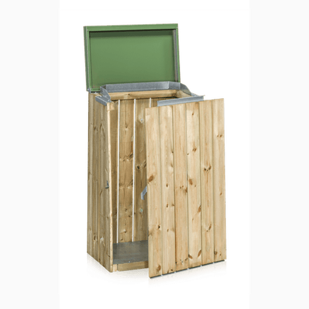 Säckhållare, 1030x600x380 mm, 125 liter, träpanel med lock och galvaniserad plåt för effektiv avfallshantering.