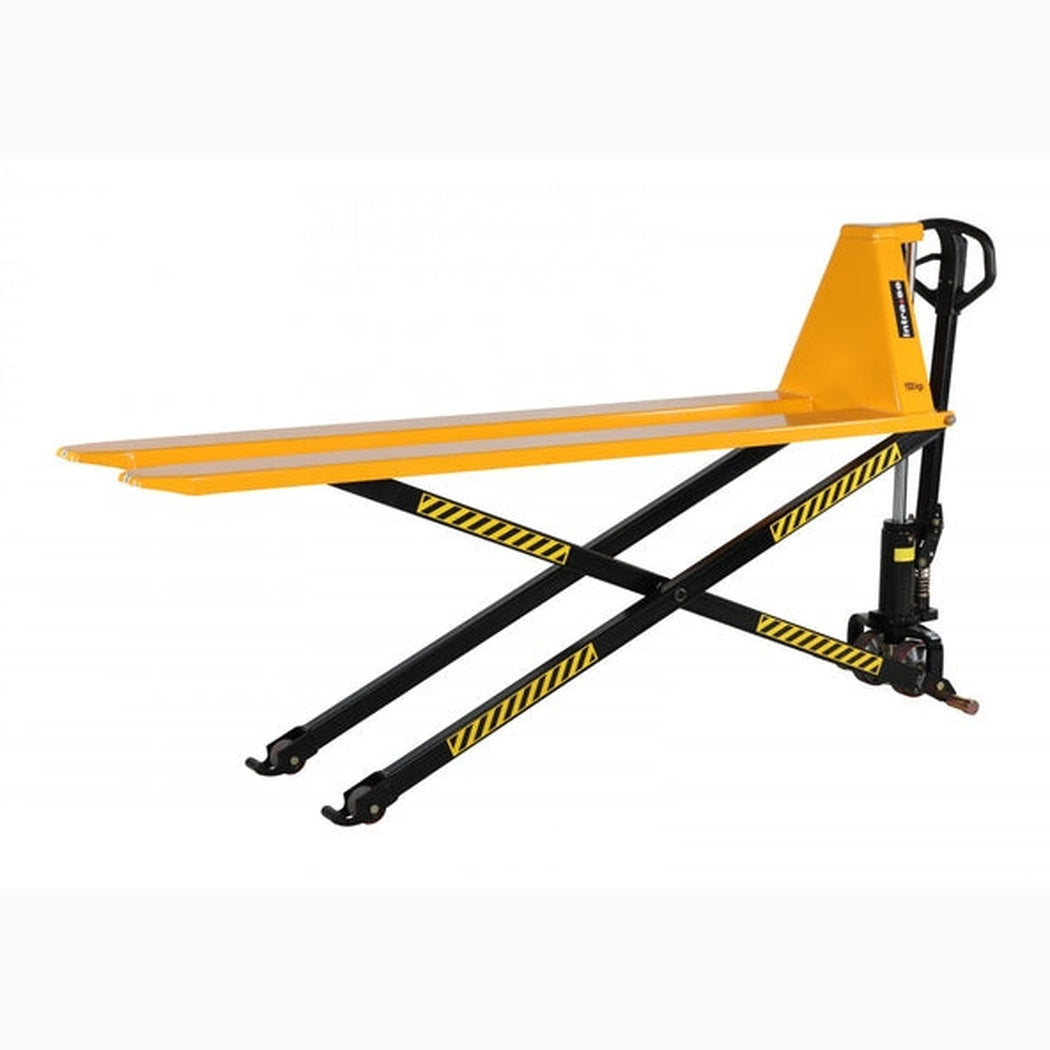Saxlyftvagn, 1000kg, 542x2000mm, singel/poly med manuellt teleskopisk lyftsystem för effektiv materialhantering.