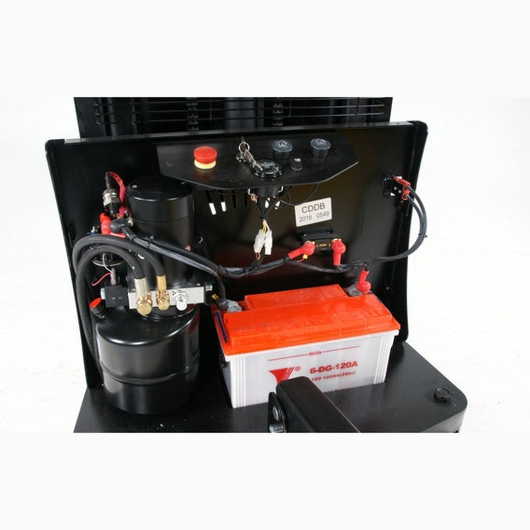 Semielektrisk staplare, 1000kg, 2500mm med batteri och lyftmotor för effektiv hantering av tunga lyft.