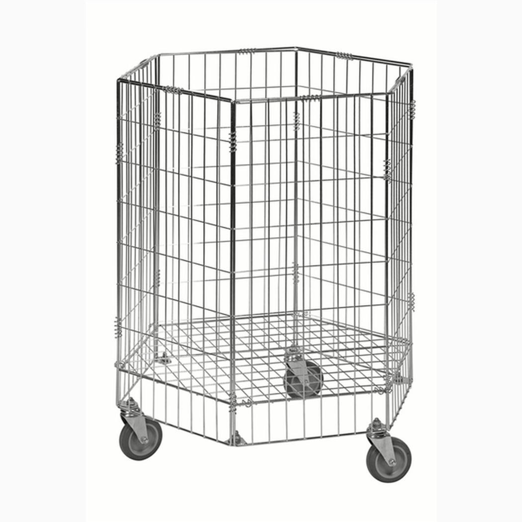Sexkantig nätvagn 700x700x900 mm med elförzinkad robust konstruktion och tre länkhjul, 60kg kapacitet.