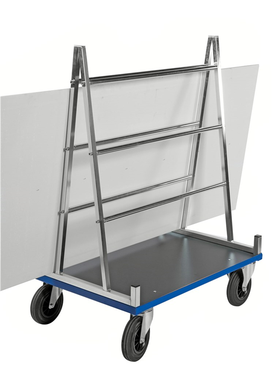 Skivvagn ROLLE 1000x700x1380mm med 500kg kapacitet, robust konstruktion och kraftiga gummihjul för skivtransport.
