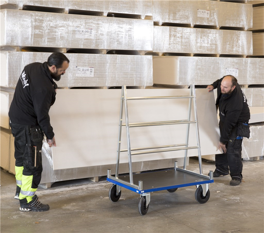 Skivvagn ROLLE 1000x700x1380mm med gummihjul och 500kg kapacitet för säker transport av tunga skivmaterial.