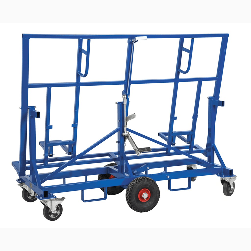 Skivvagn, 1900x700x1490mm, 500kg med robust ram och hjul för enkel hantering av tunga skivmaterial på arbetsplatsen.