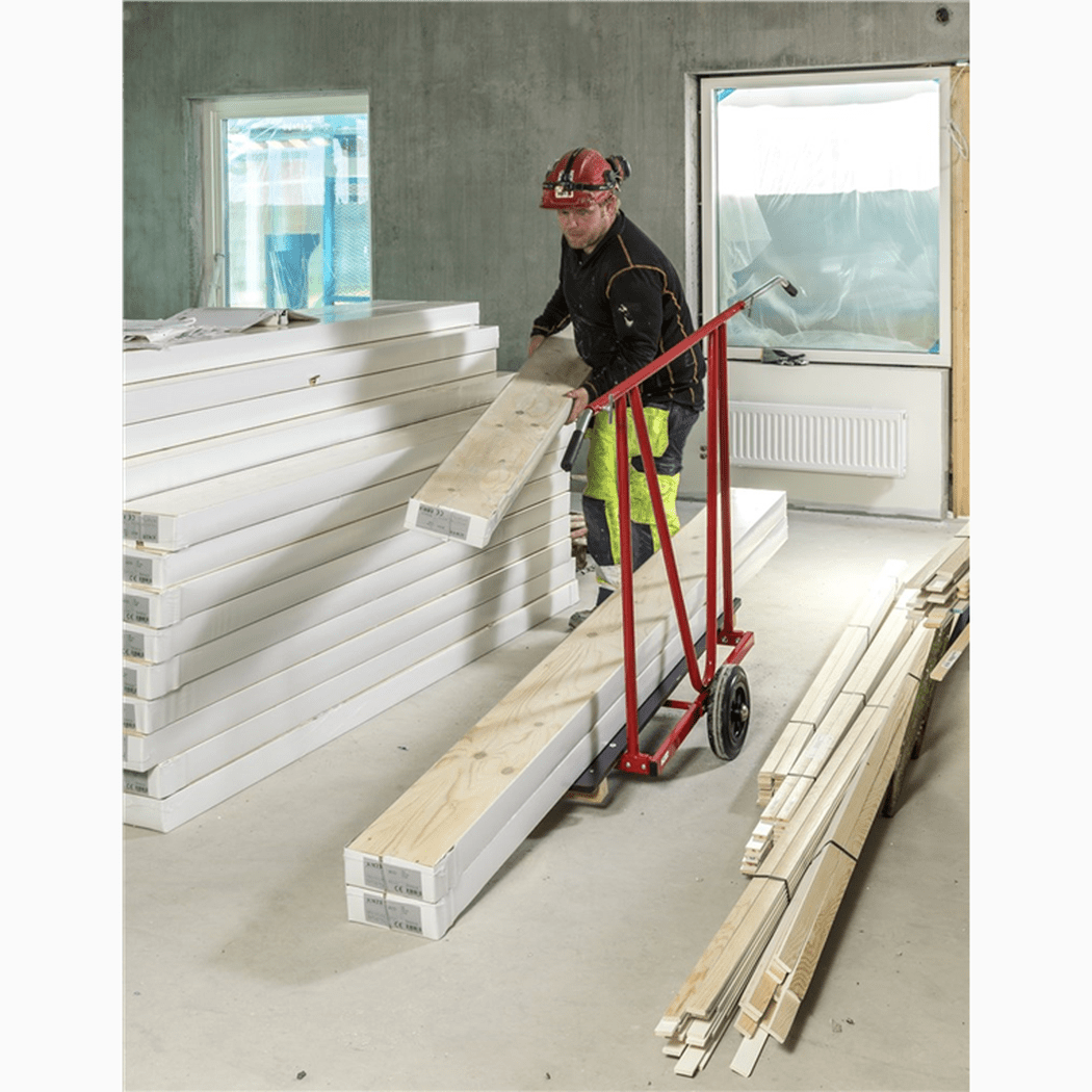 Skivvagn, utdragbart handtag, 1707x540x1122mm, 200kg för effektiv och ergonomisk transport av byggmaterial.