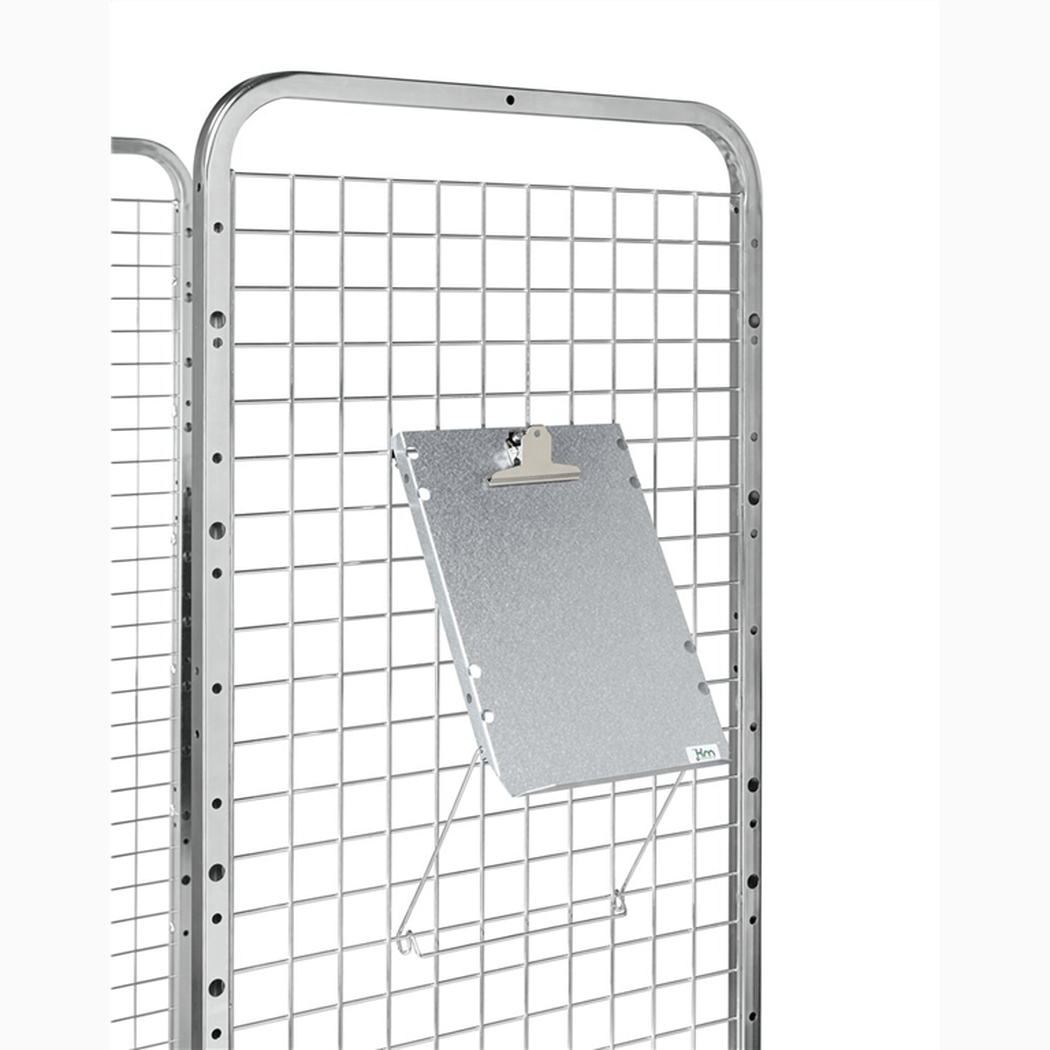 Skrivpulpet inkl. klämma monterad på metallställ med rutnät, teknisk skrivplatta med hållare för dokument.