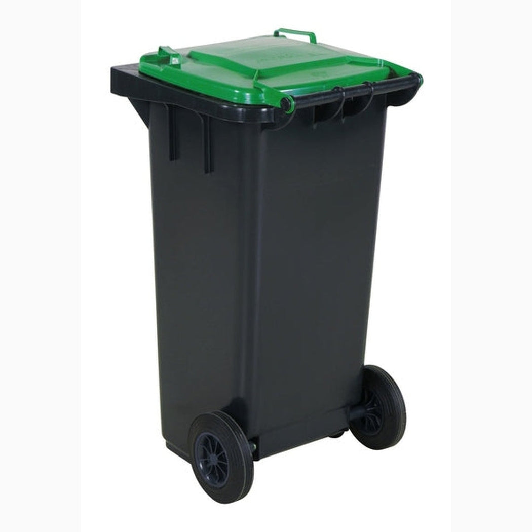 Sopkärl med hjul, 120 liter i tåligt HDPE med UV-skydd och lättmanövrerade hjul för effektiv avfallshantering.