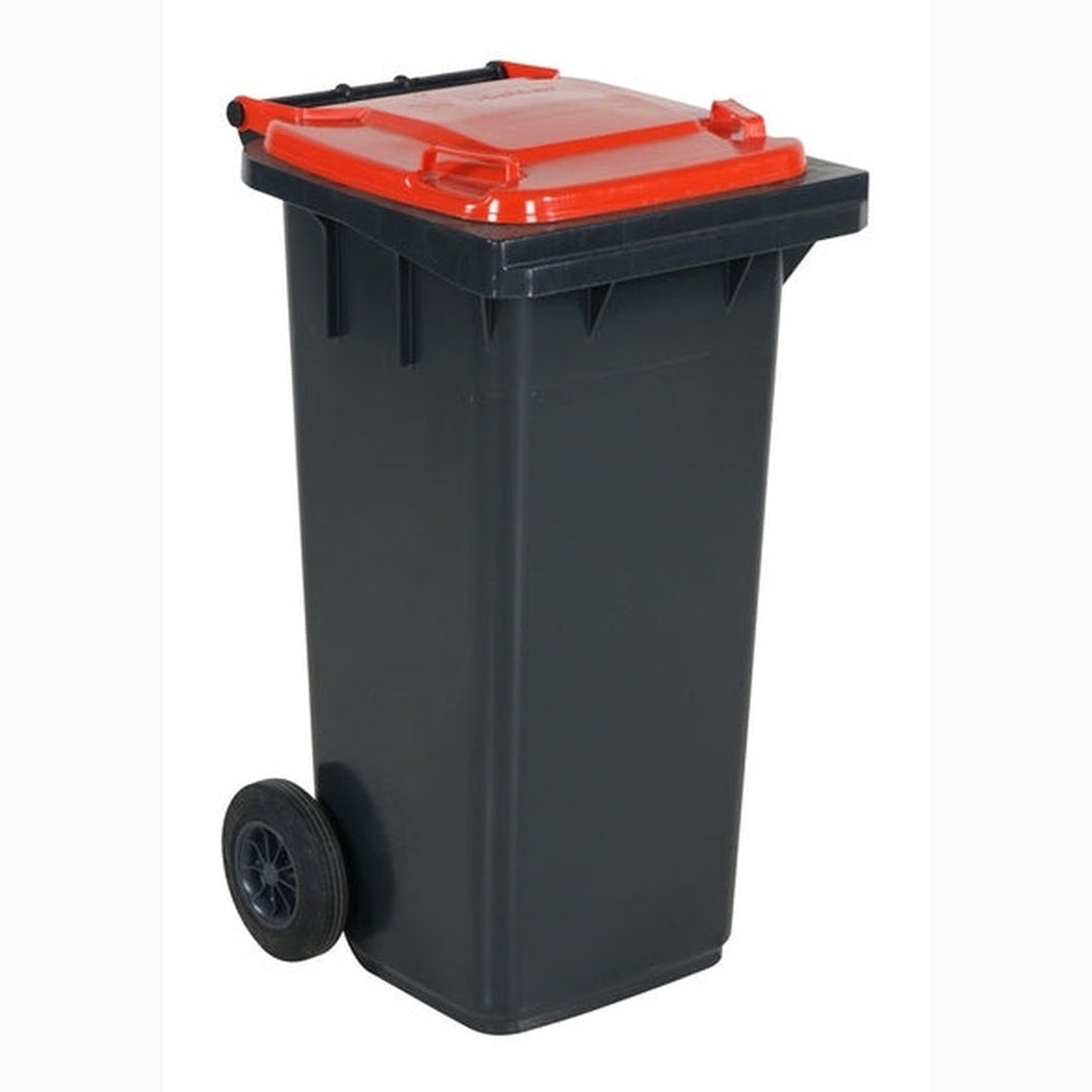 Sopkärl med hjul, 120 liter i tålig HDPE med rött lock och kraftiga hjul för enkel transport och hållbarhet.