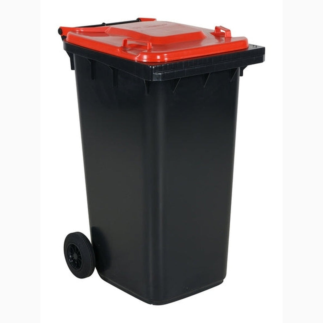 Sopkärl med hjul, 240 liter i hållbar HDPE, motståndskraftigt mot kemikalier, värme och UV för effektiv avfallshantering.