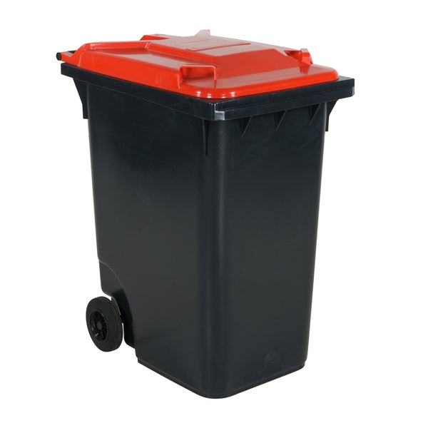Sopkärl med hjul, 360 liter i svart HDPE med rött lock, stabilt och kemikaliebeständigt för utomhusbruk.