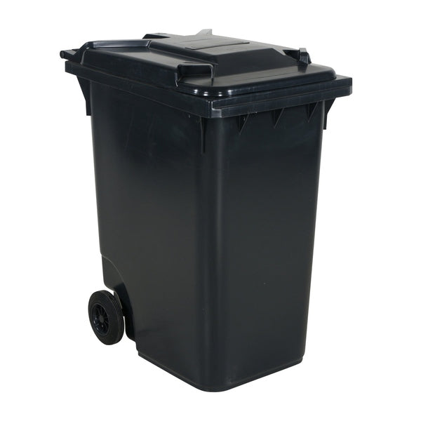 Sopkärl med hjul, 360 liter i svart HDPE med hjul, UV-beständig och kemikalieresistent för effektiv avfallshantering.