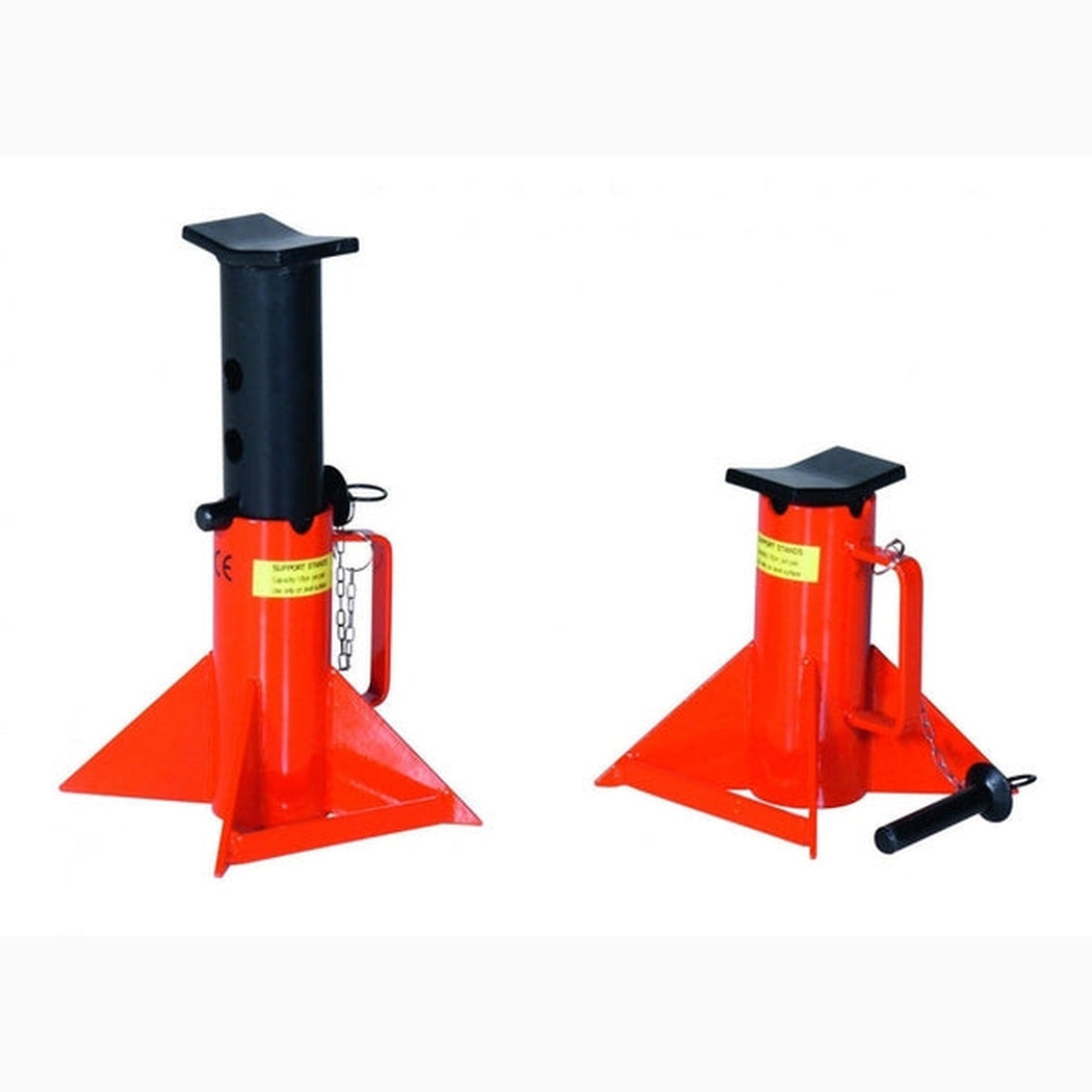Ställbara pallbockar, 12000kg i robust design med tre lyfthöjdspositioner för tunga lyft och säker stabilisering.