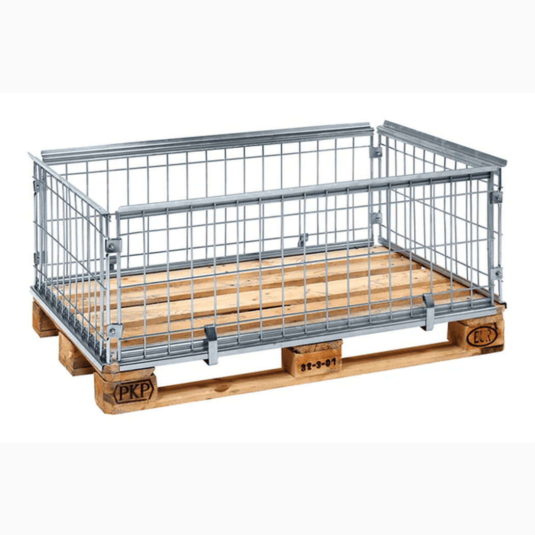 Staplingsbar pallram, 1220x820x420mm, elförzinkad, robust och fällbar för effektiv lagerhantering och transport.