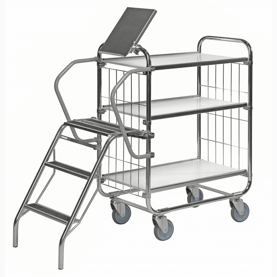 Stege, 550x450x670mm i elförzinkat stål för enkel montering på lager- och butiksvagnens sida.