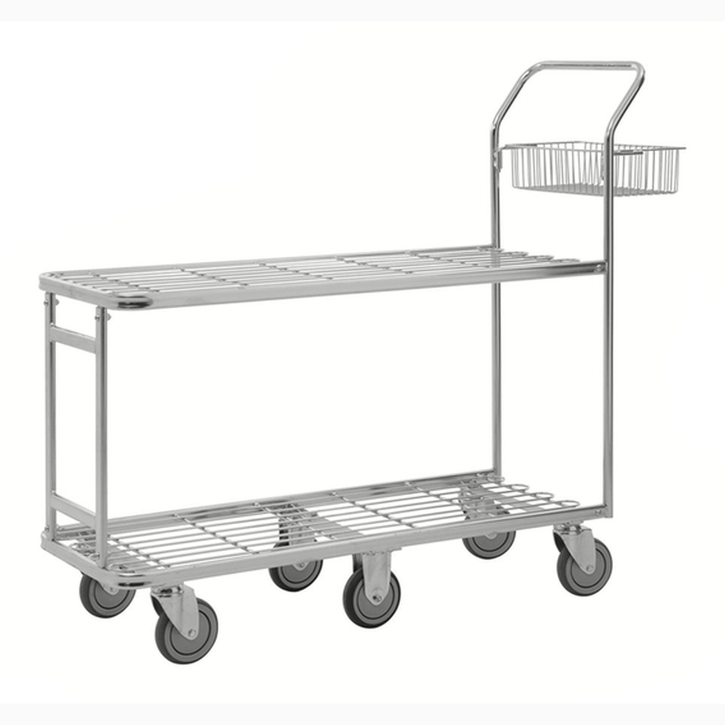 Stor butiksvagn 1320x430x1120 mm, 400kg med två hyllplan och hjul för lätt transport och hög kapacitet.