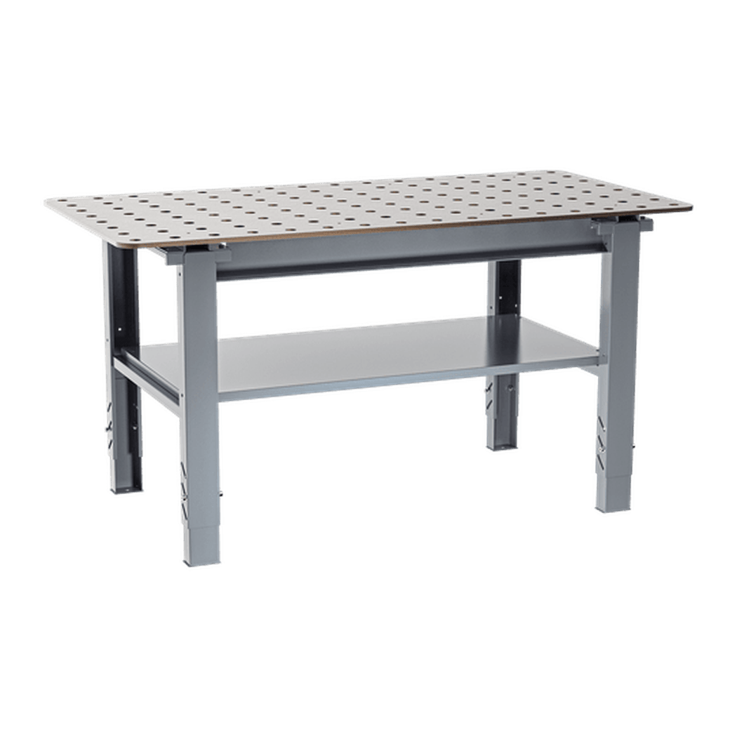 Svetsbord manuellt, 1600x800mm med perforerad stålskiva och höjdjusterbara ben för professionella svetsarbeten.