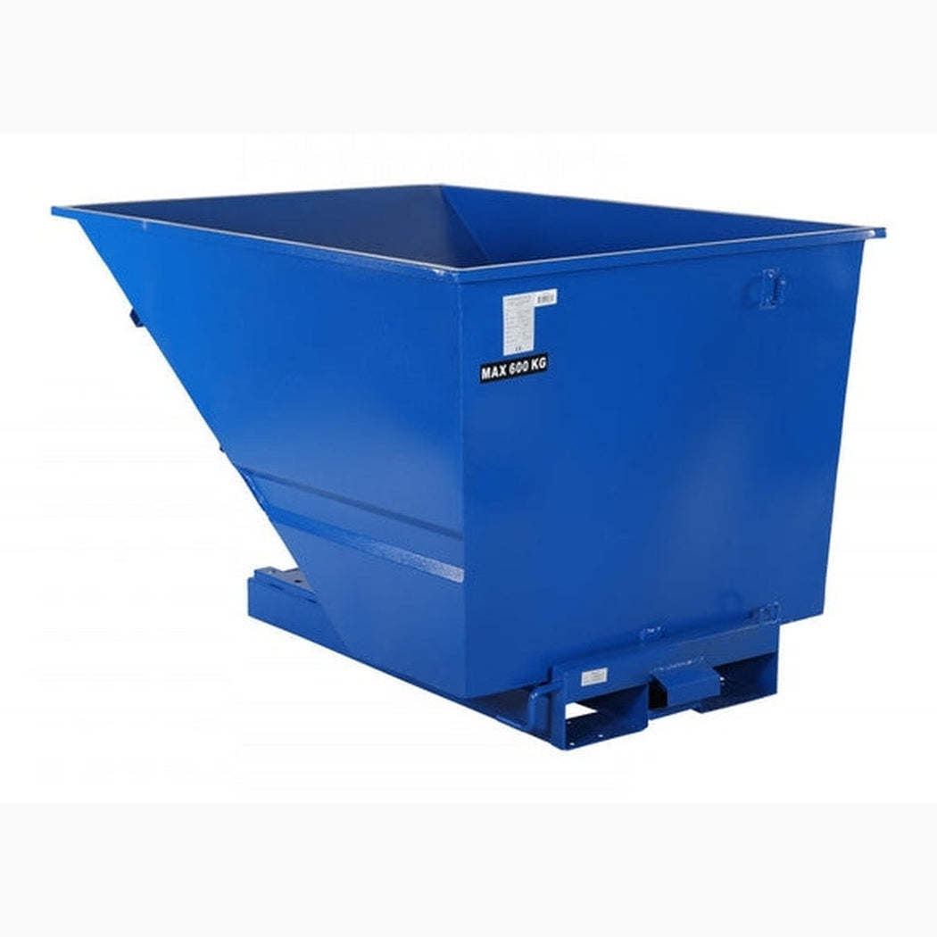 Tippcontainer lätt, 1100 liter, 600kg i blå pulverlackerad stål med robust konstruktion för effektiv avfallshantering.