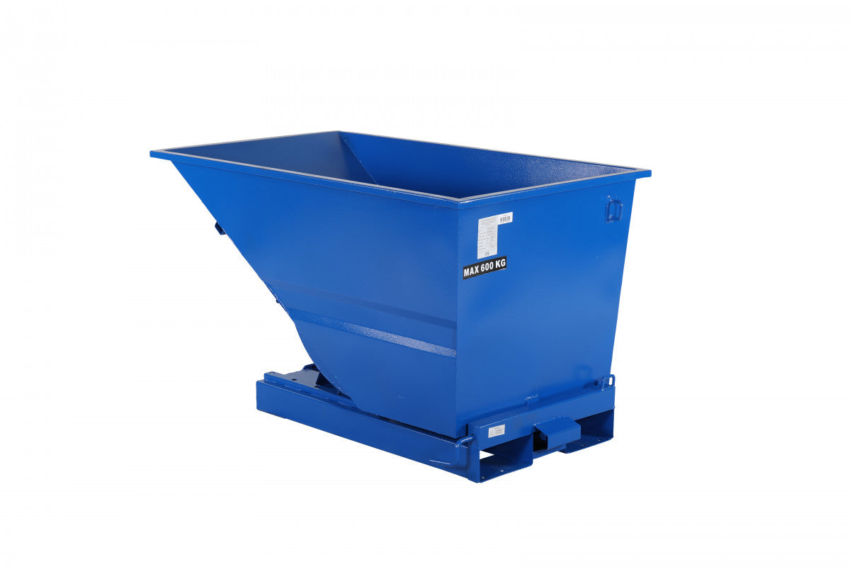 Tippcontainer lätt 600 liter, 600kg blå robust tipplåda med pulverlackerad yta för säker avfallshantering.