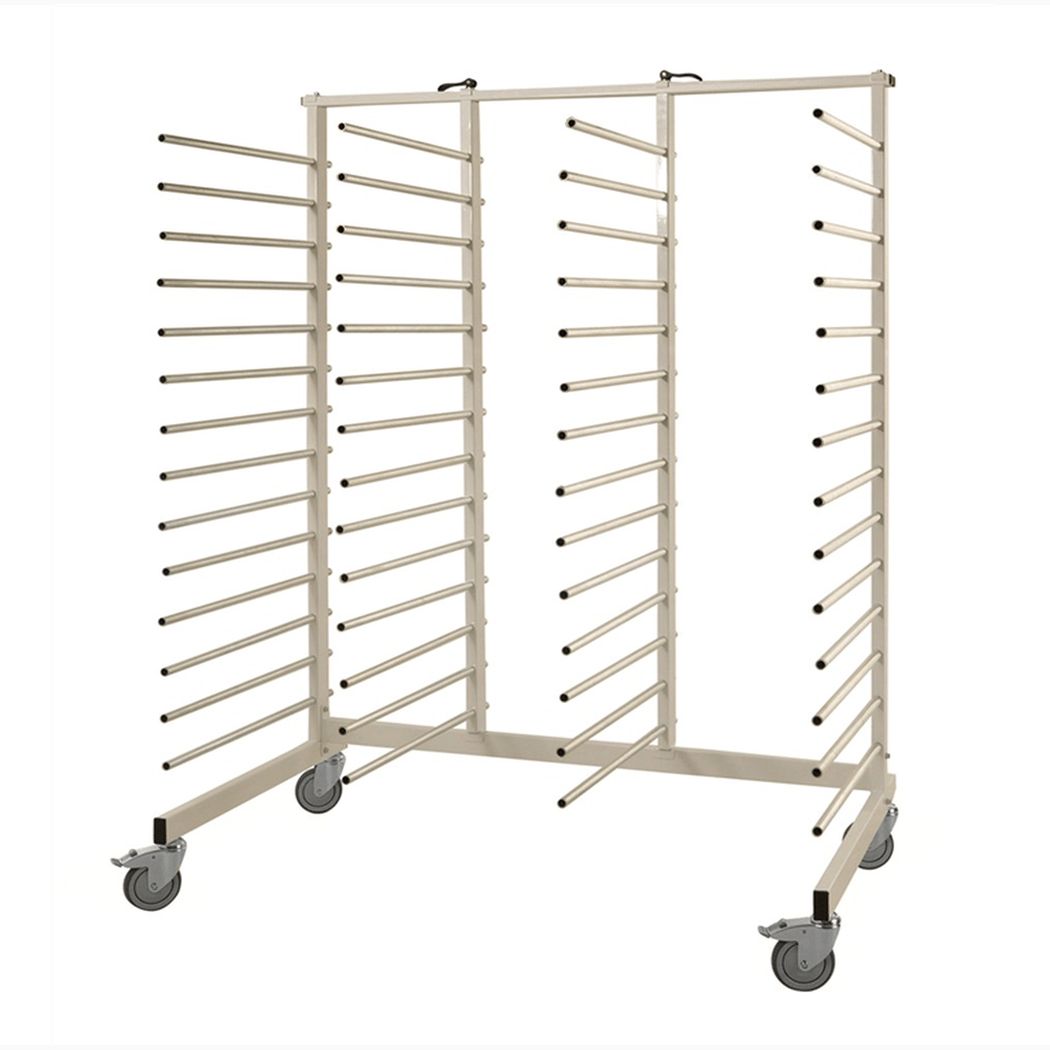 Torkvagn, 1520x860x1960mm, 300kg med justerbara pinnar och länkhjul för effektiv torkning och förvaring.