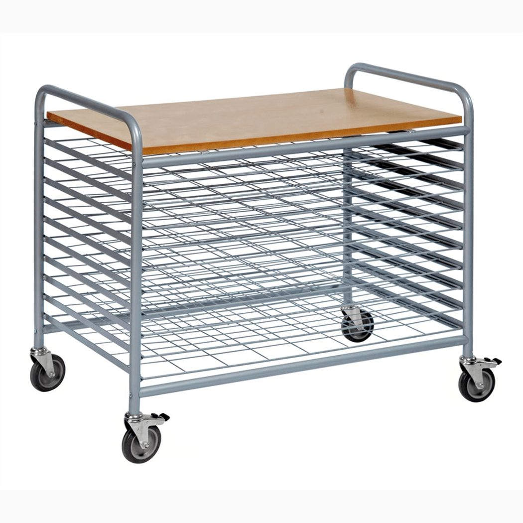 Torkvagn, 955x600x845mm, 100kg med utdragbara näthyllplan och boklaminat övre hyllplan för effektiv torkning.