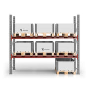 Pallställ grundsektion 2 500 × 2 750 mm, 9 pallar à 500 kg, galvade gavlar och röda bärbalkar