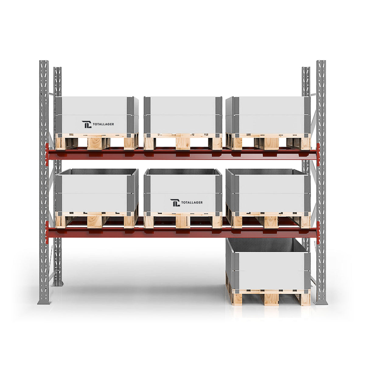 Pallställ grundsektion 2 500 × 2 750 mm, 9 pallar à 500 kg, galvade gavlar och röda bärbalkar