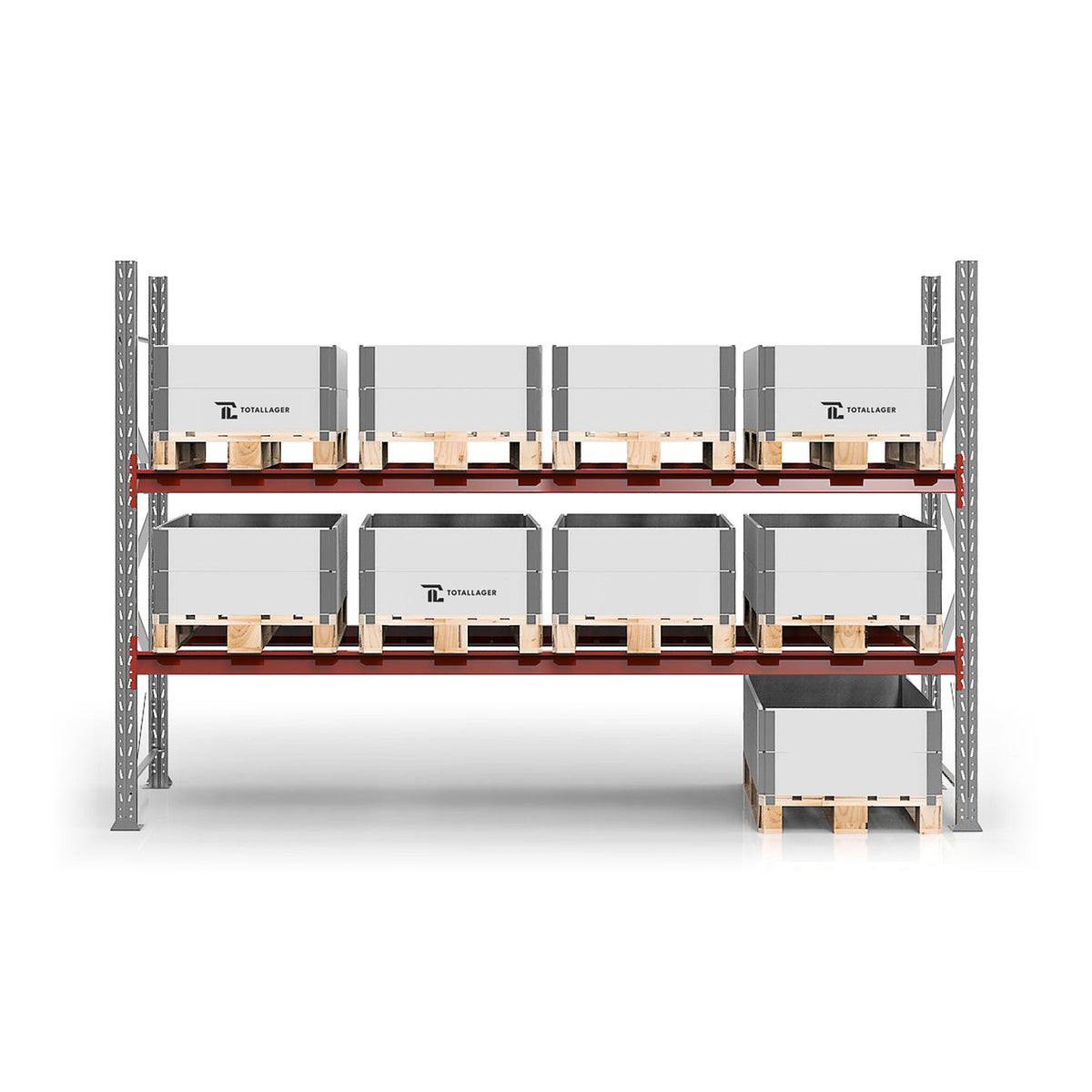 Pallställ grundsektion 2 500 × 3 600 mm, 12 pallar à 500 kg, galvade gavlar och röda bärbalkar