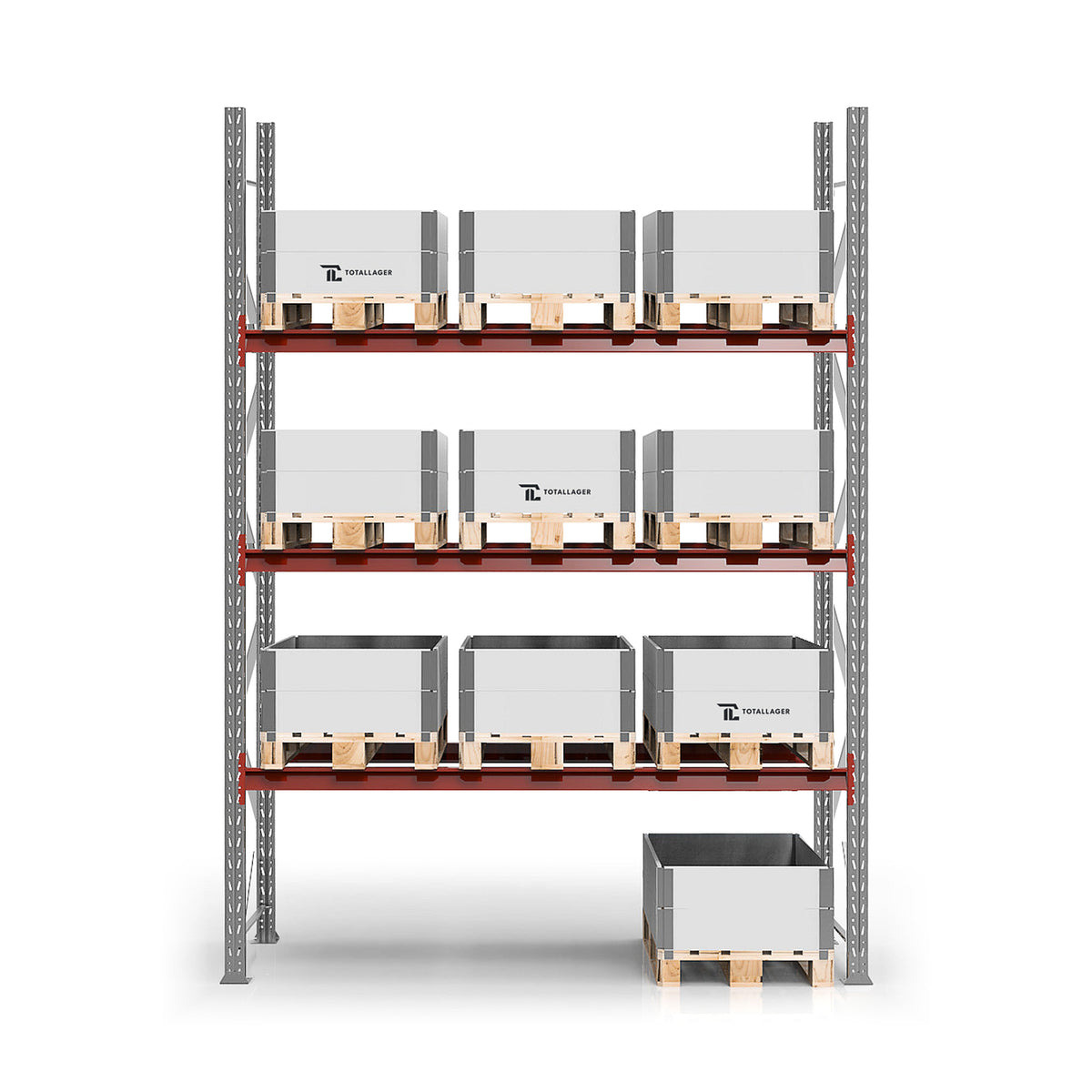 Pallställ grundsektion 4 000 × 2 750 mm, 12 pallar à 500 kg, galvade gavlar och röda bärbalkar
