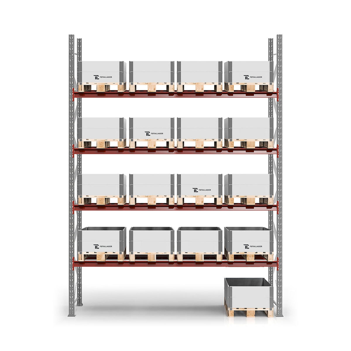 Pallställ grundsektion 5 000 × 3 600 mm, 20 pallar à 500 kg, galvade gavlar och röda bärbalkar