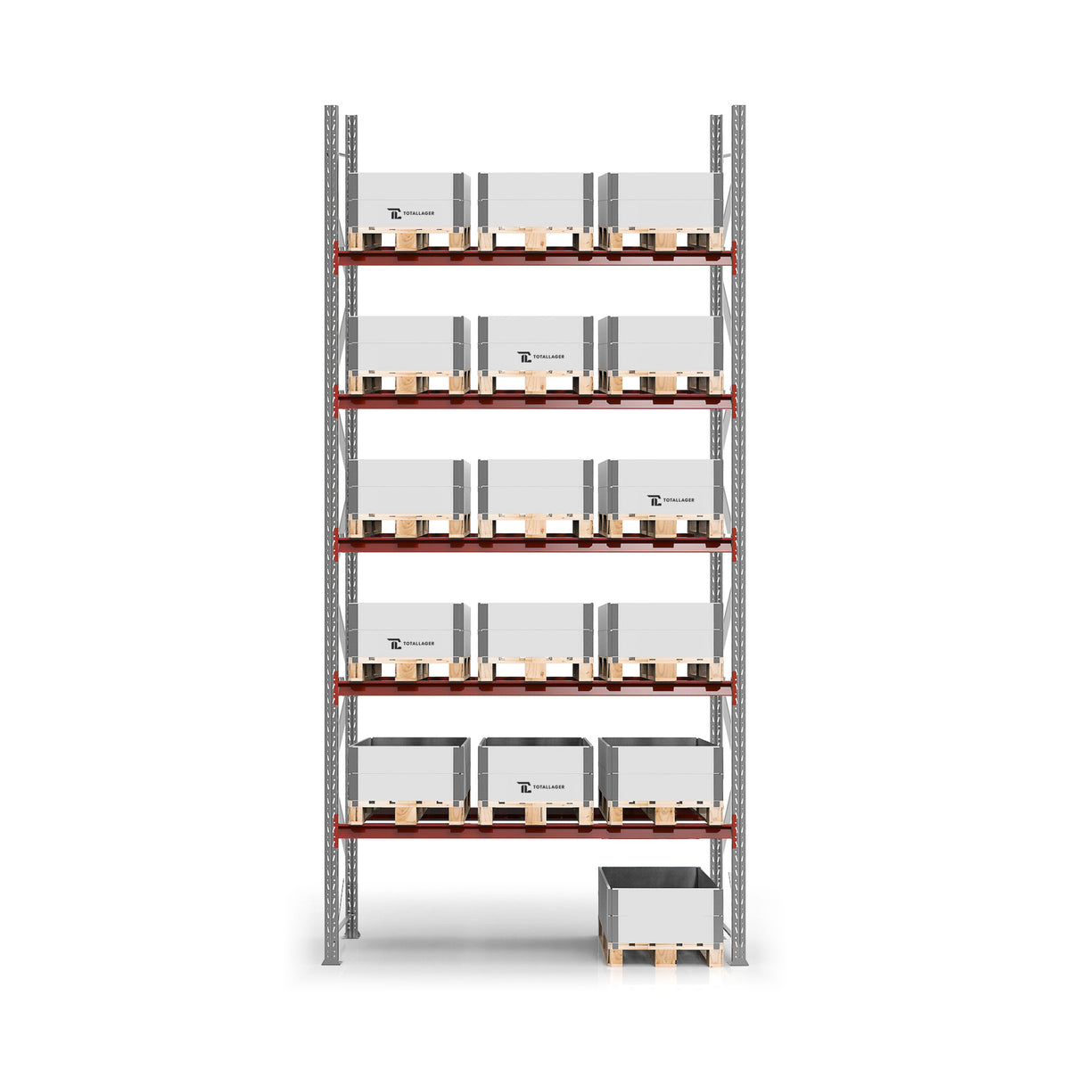 Pallställ grundsektion 6 000 × 2 750 mm, 18 pallar à 500 kg, galvade gavlar och röda bärbalkar