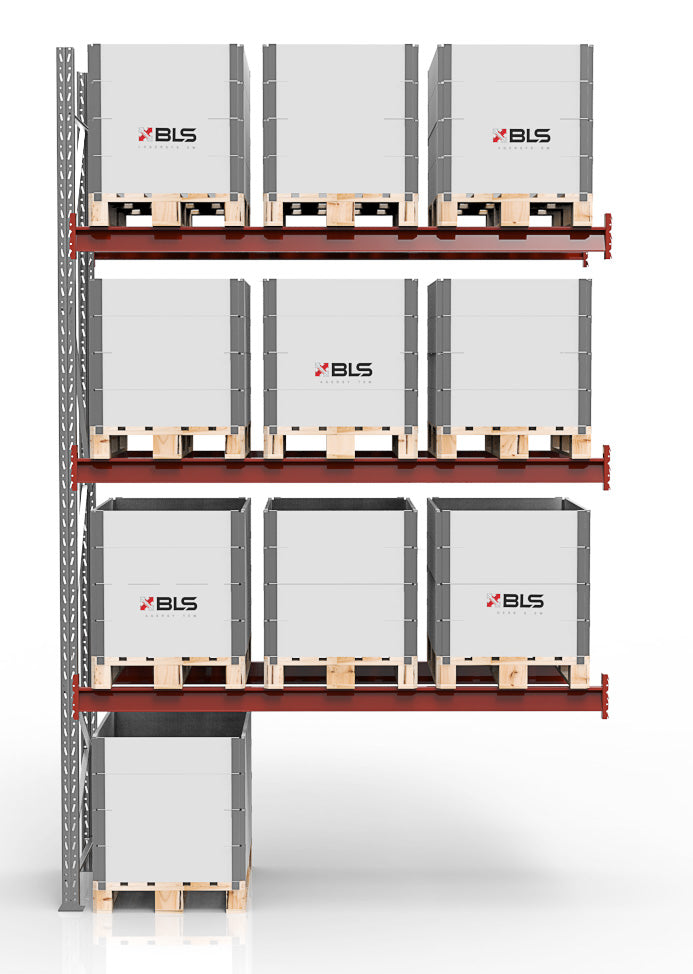 Pallställ, 3500x2750mm, 3x1000kg/nivå, 12 pallar med stålram och rött galvat stolpsystem för lagerhantering.