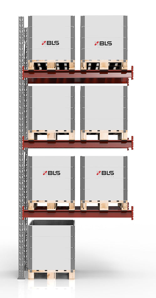 Pallställ, 3500x1850mm, 2x1200kg/nivå, 8 pallar med stålram och röd balk för effektiv lagerhantering.