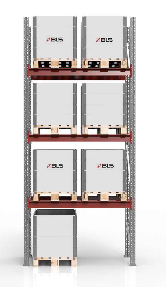 Pallställ, 3500x1850mm, 2x1200kg/nivå, 8 pallar med stålkonstruktion och röda balkar för effektiv lagerhantering.