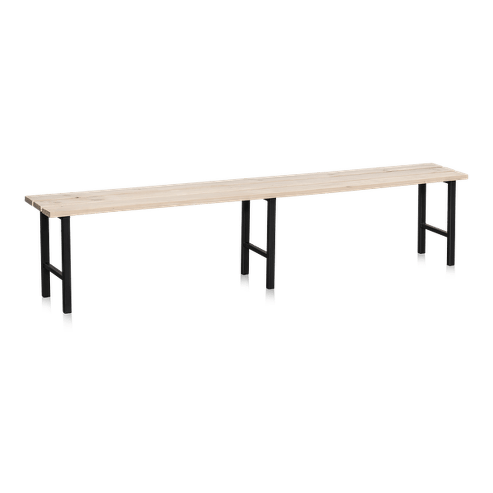 Sittbänk 1000-2000 mm Furu med stabila benbockar och lackerad furusits för omklädningsrum och entréer.