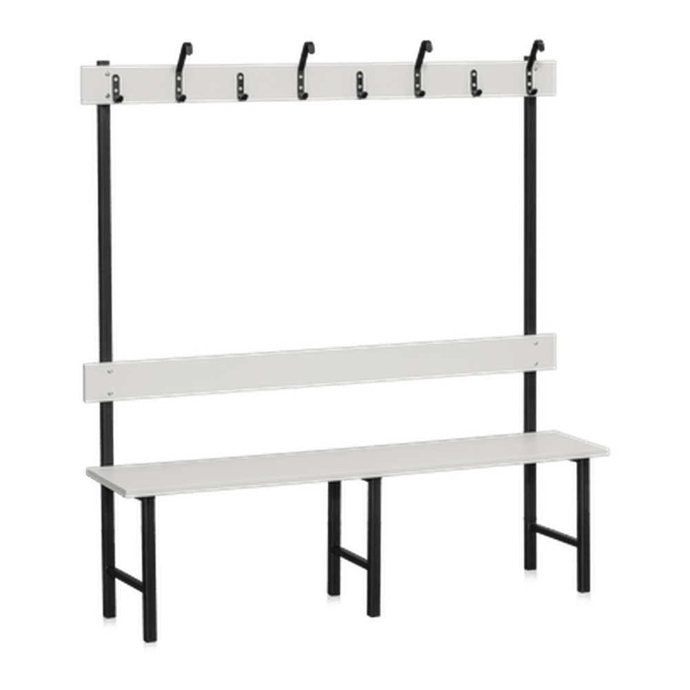 Sittbänk Enkelsektion 1000-2000 mm Ljusgrå med ljusgrå laminat, svart pulverlackad ram och kroklist för omklädningsrum.