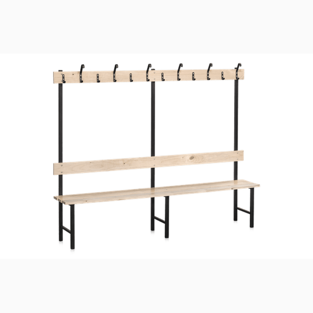 Sittbänk Enkelsektion 1000-2000 mm Furu med svart pulverlackerat underrede och kroklister för omklädningsrum.
